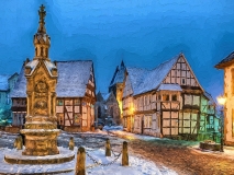 9246N-51N Marktplatz Obernkirchen Winter beleuchtet gemalt Druck 80x60